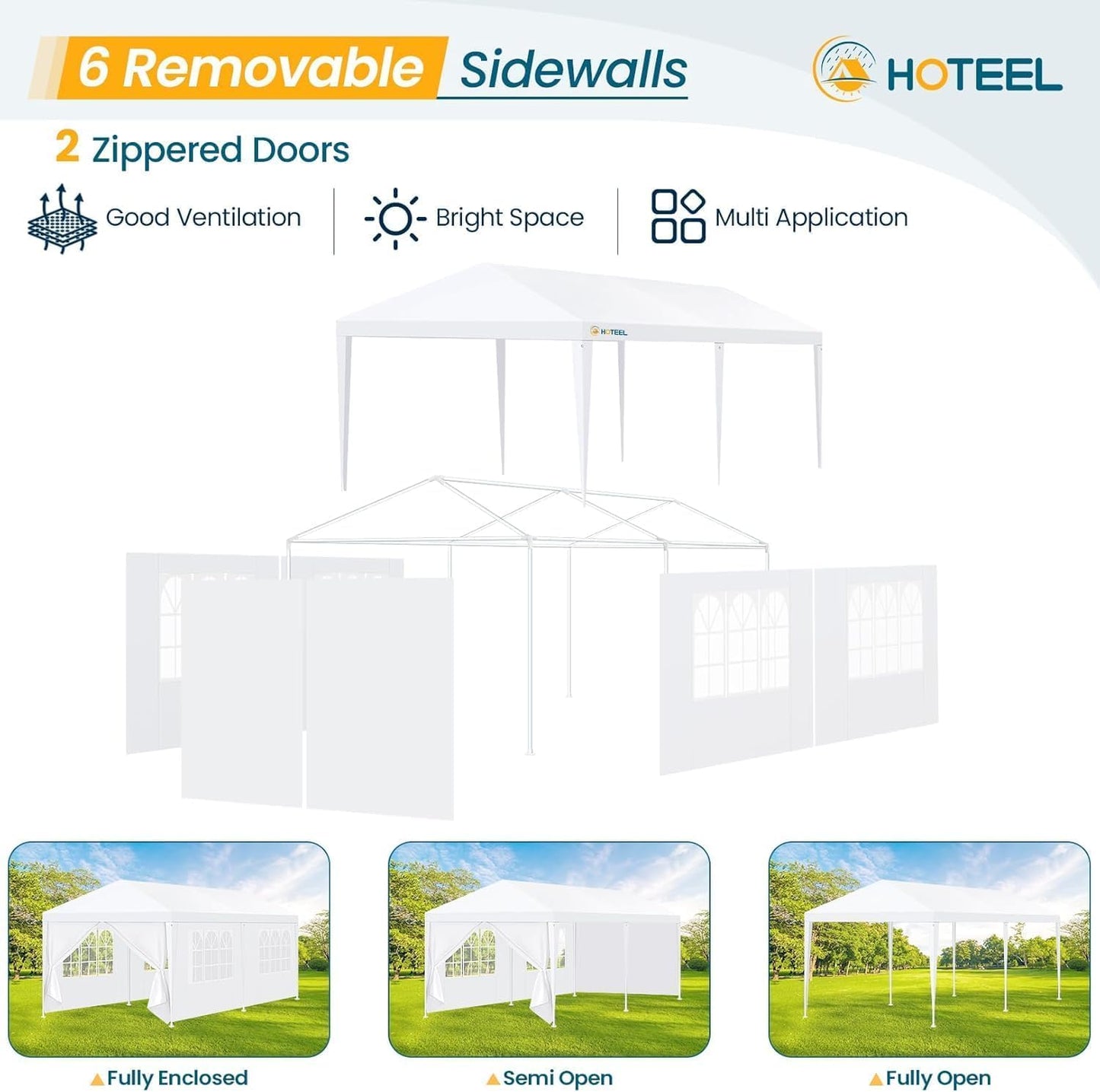 HOTEEL 10x20FT Party Tent Outdoor Canopy for 20-30 People with 6 Removable Sidewalls, 2 Zipper Doors, 12 Ropes and 24 Stakes, Carpas para Fiestas for Wedding Patio Backyard Baby Shower, White