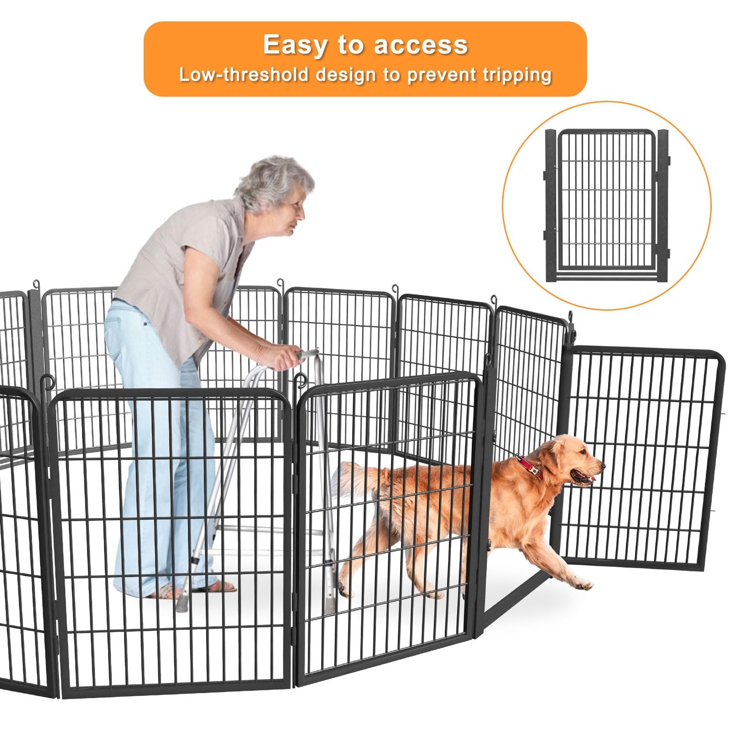 1R2P3I Dog Playpen Outdoor with Low Threshold Gate, 32 inch 10 Panels Dog Play Pen Indoors, Heavy Duty Metal Puppy Playpen Dogs Pen, Rust-Resistant Pet Playpens for Yard RV Camping