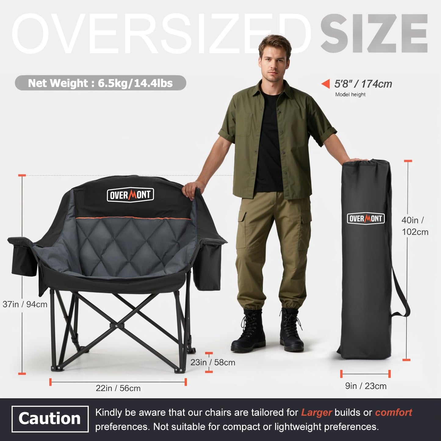 Overmont Oversized XL Camping Chair for Adults - 500lbs Support Heavy-Duty Padded Folding Chair with Side Pocket Cup Holder Cooling Bag for Outdoor Sports Garden Beach Fishing Lawn Black 2pcs