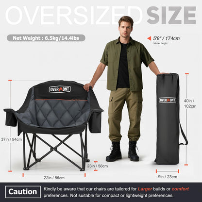 Overmont Oversized XL Camping Chair for Adults - 500lbs Support Heavy-Duty Padded Folding Chair with Side Pocket Cup Holder Cooling Bag for Outdoor Sports Garden Beach Fishing Lawn Black 2pcs