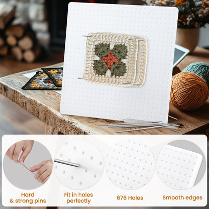 13” Washable Crochet Blocking Board with 20 Pegs/Pins, Upgraded Plastic Blocking Boards for Crochet Projects with Adjustable Tilt Angle, Granny Square Blocking Board for Crocheters, Beginners, Mothers