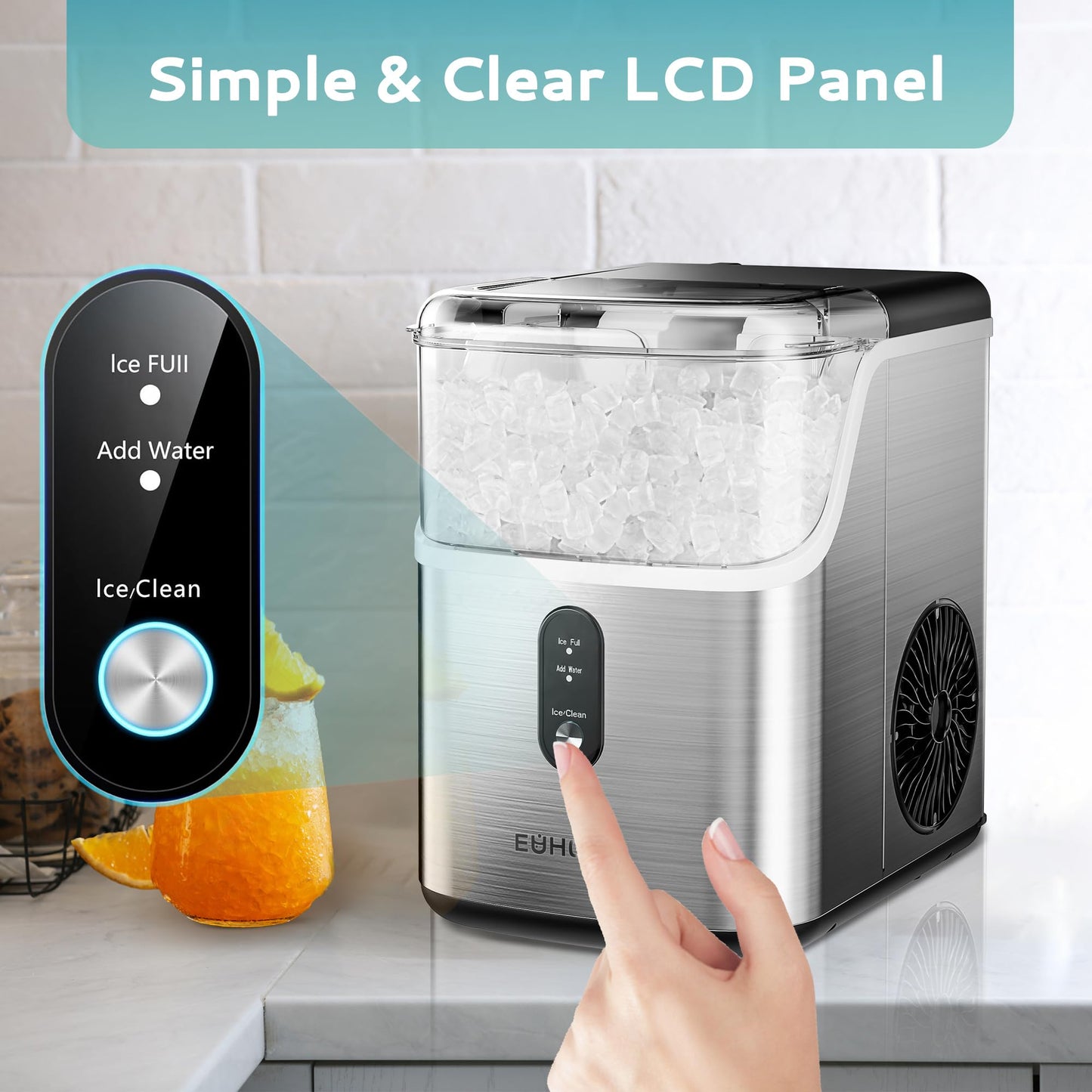 EUHOMY Nugget Ice Makers Countertop, Pebble Ice Maker Machine with 34lbs/24H Soft Ice, Self-Cleaning Sonic Ice Maker with Ice Scoop&Basket, Pellet Ice Maker for Home/Kitchen/Office(Stainless Steels)
