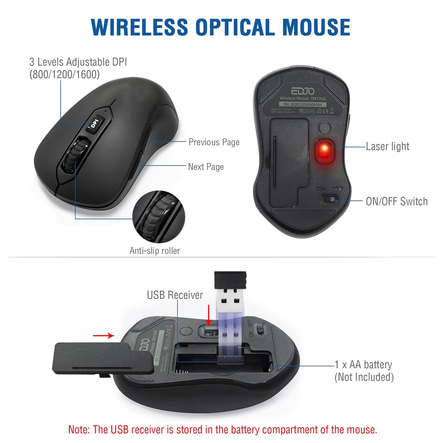 Wireless Keyboard and Mouse Combo, EDJO 2.4G Full-Sized Ergonomic Computer Keyboard with Wrist Rest and 3 Level DPI Adjustable Wireless Mouse for Windows, Mac OS Desktop/Laptop/PC
