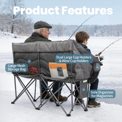 HOMECALL Oversized Double Camping Chair for Adults - Heavy Duty Folding Loveseat Support 700 lbs, Extra Wide 2 Person Camping Couch with Thick Padding, Cup Holders & Storage Bag, Blue