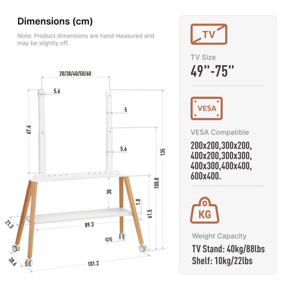 ECOTINY Rolling Easel TV Stand for 49–75 Inch TVs, Mobile TV Cart with Lockable Wheels, Cable Management, Metal Support Frame, Wooden Legs and Shelf, for Home, Office and Classroom, White