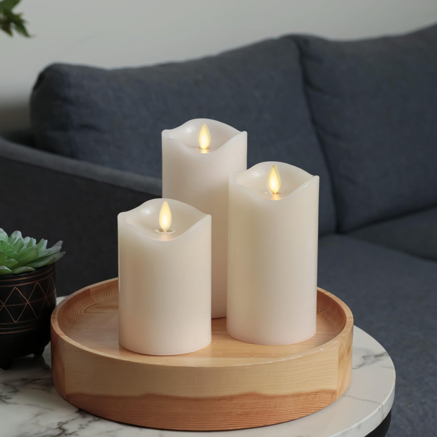 Matchless Candle Co. by Luminara Set of 3 Flameless LED Flickering Moving Flame Pillars (3" x 4.5", 5.5", 6.5"), Melted Unscented Real Wax Edge w/ Smooth Finish, AA Battery Operated, Pearl Ivory