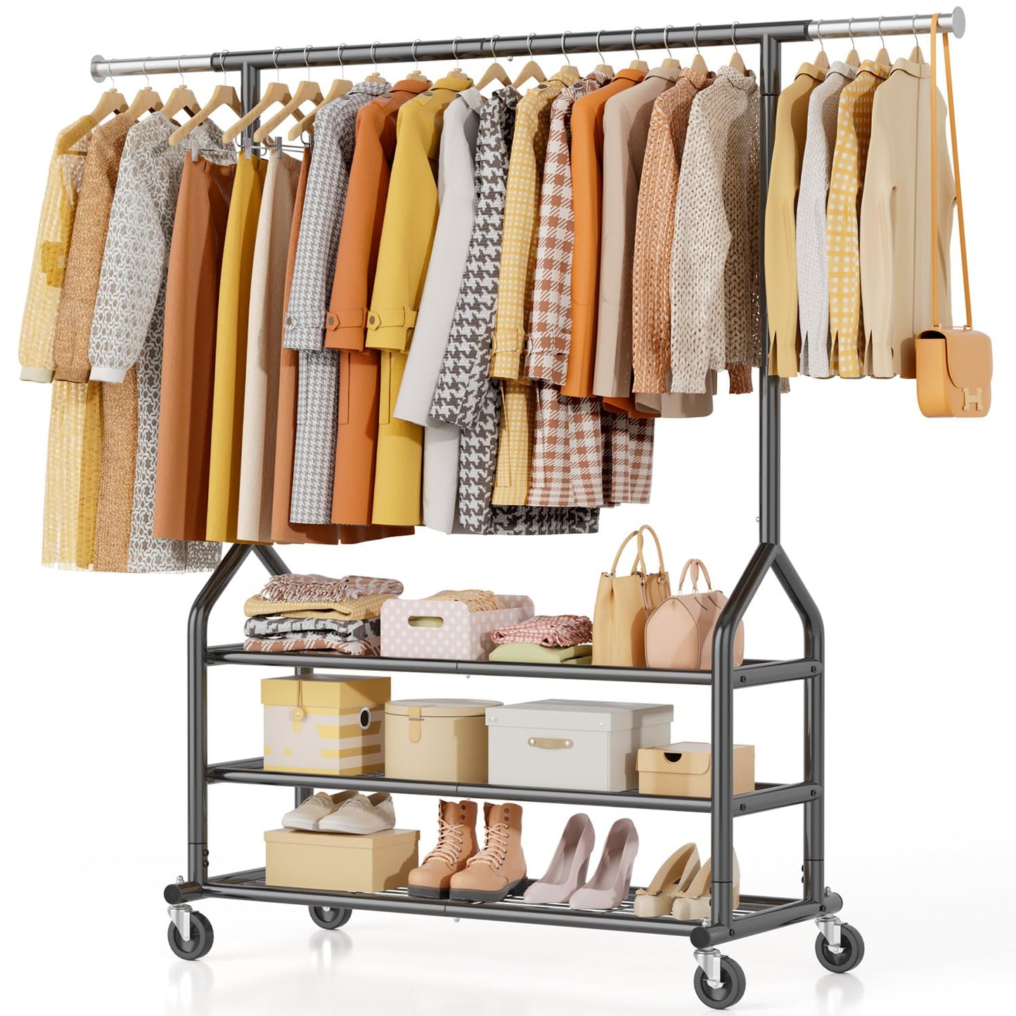 EAGMAK Heavy Duty Clothes Rack Load 556 LBS, Rolling Clothing Rack With 3 Shelves, Adjustable Metal Clothes Hanger with Wheels, Portable Wardrobe Organizer Garment Rod for Hanging Clothes (Black)