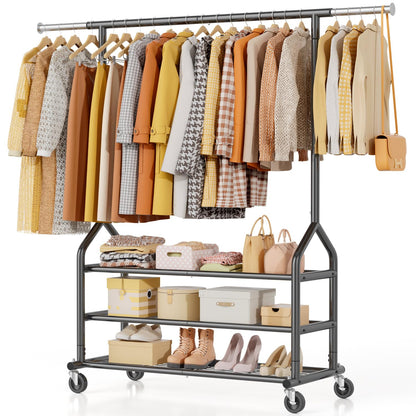EAGMAK Heavy Duty Clothes Rack Load 556 LBS, Rolling Clothing Rack With 3 Shelves, Adjustable Metal Clothes Hanger with Wheels, Portable Wardrobe Organizer Garment Rod for Hanging Clothes (Black)