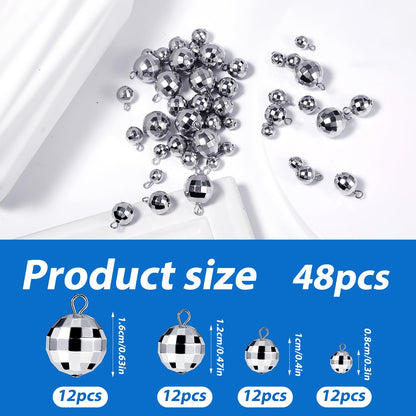 PEUTIER 48pcs Mini Disco Ball Pendants, Silver Alloy Steel Reflective Charms for DIY Crafts and Party Decorations