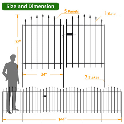 FOREHOGAR Metal Garden Fence with Gate 32 in H x 12 ft L, 1 Gate + 5 Panels Border Dog Fence Panels Animal Barrier, No Dig Garden Fencing for Yard Patio Flower Bed Lawn Outdoor, Arch Black