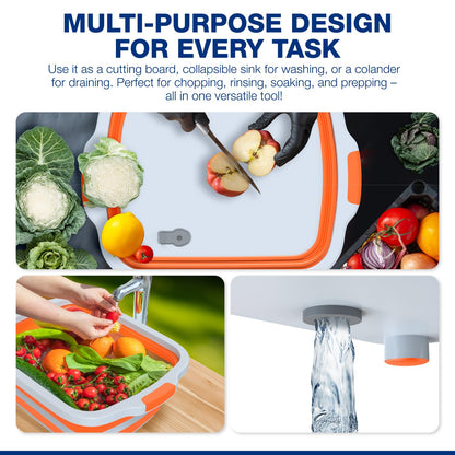 2-Pack XL Collapsible BBQ Prep Tub with Built-In Cutting Board, Lid & Strainer – Marinate, Drain & Prep – Large Food-Safe Container – Perfect for Grilling, Smoking & Outdoor Cooking