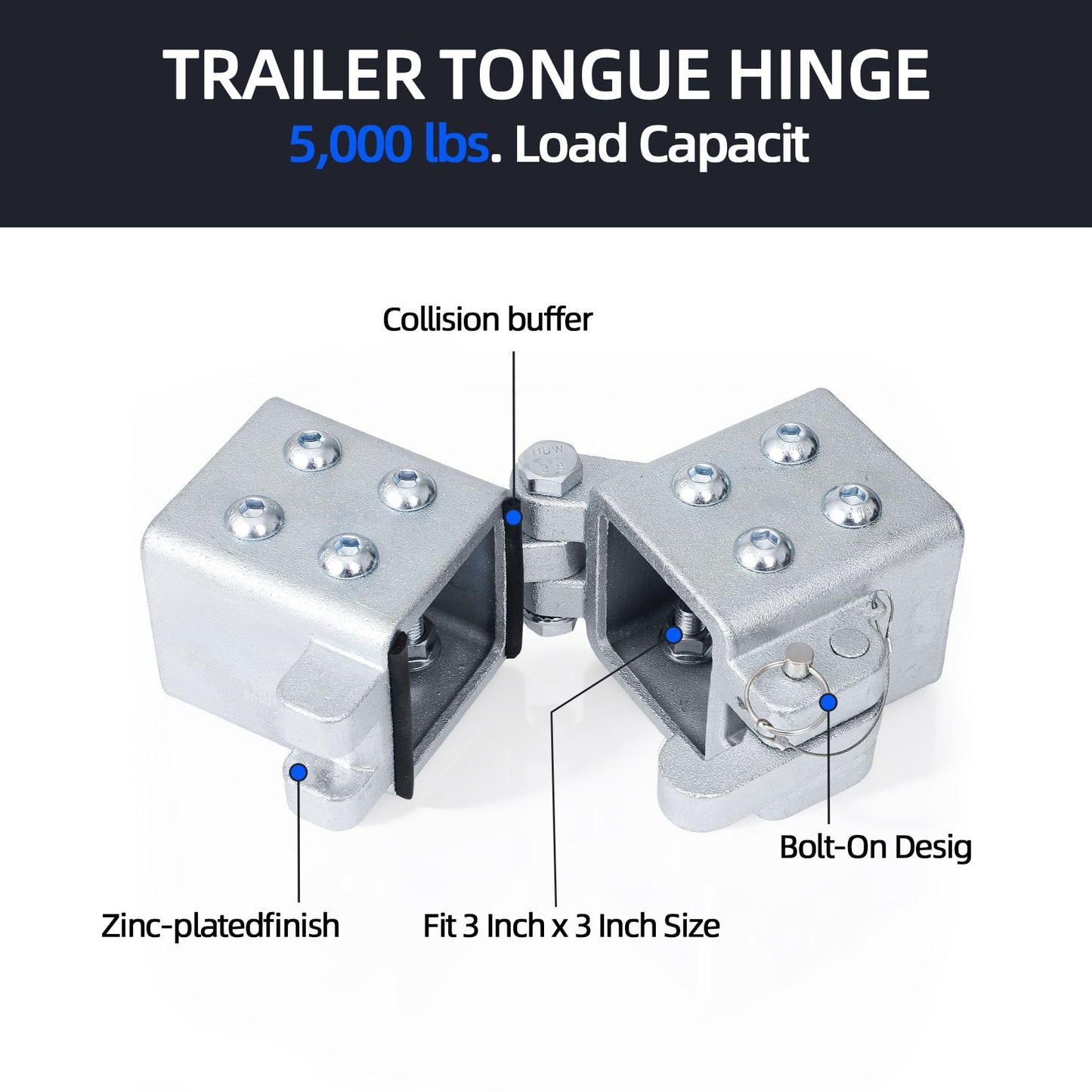 Folding Trailer Tongue Kit, 3 x 3 Inch Bolt-On Heavy Duty Tongue Hinge, 5,000 LBS Load Capacity, Trailer Tongue Hinge for RV, Utility, Boat & Cargo Trailers, Save Storage Space