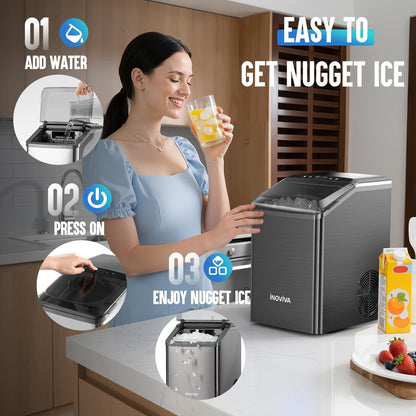 inoviva Nugget Ice Maker Countertop, 40lbs/24H Soft Chewable Pellet Ice Machine with Self-Cleaning, Sonic Ice Maker for Home Kitchen, Office - Black Stainless