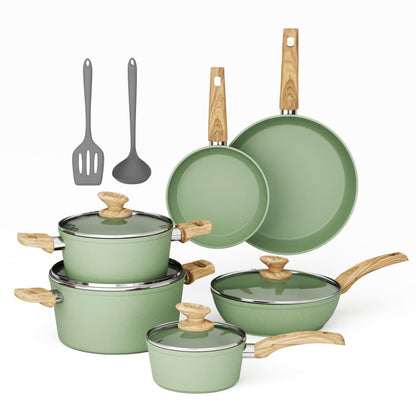 MAISON ARTS Pots and Pans Set Non Stick, 12 Piece Green Granite Kitchen Cookware Induction Compatible, Cooking Sets Pots and Pans Nonstick