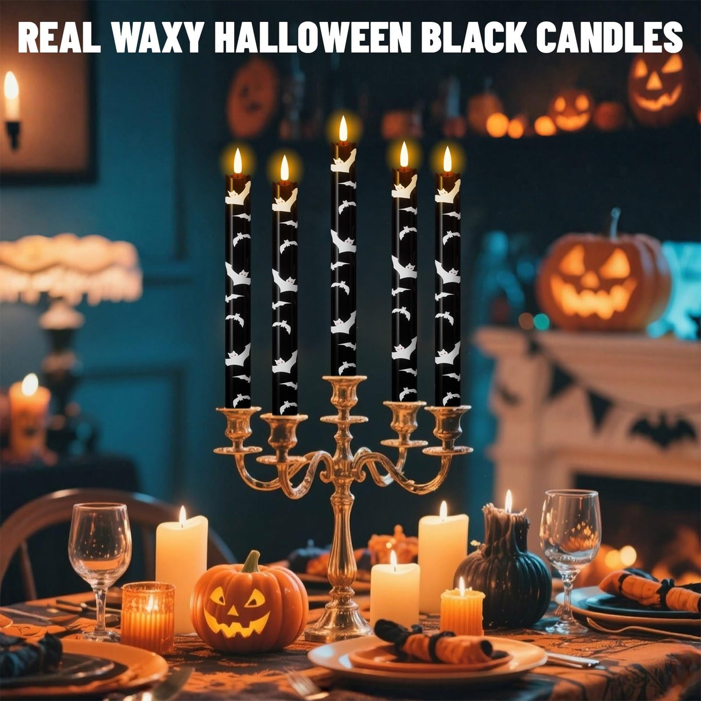 Wondise Black Halloween Flameless Taper Candles with Remote & Timer, Halloween Battery Operated Candles with Bats Decals Waxy 3D Wick Flickering for Halloween Decorations
