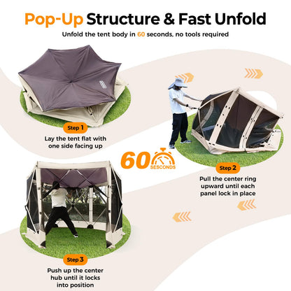 Tecoom 6-Sided Pop Up Gazebo Tent, Screen House with Mosquito Netting Canopy for Camping, 10x10ft Portable Sun Shelter Removable Siedwalls for Outdoor, Garden, Activities, Khaki