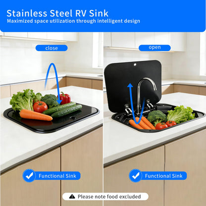RV Camper Sink，Portable Small Bar 16.54×14.57×5.91 Inch Collapsible Wash Basin Black Kitchen Sink with Faucet Tempered Glass Lid Van Camper Trailer Accessories