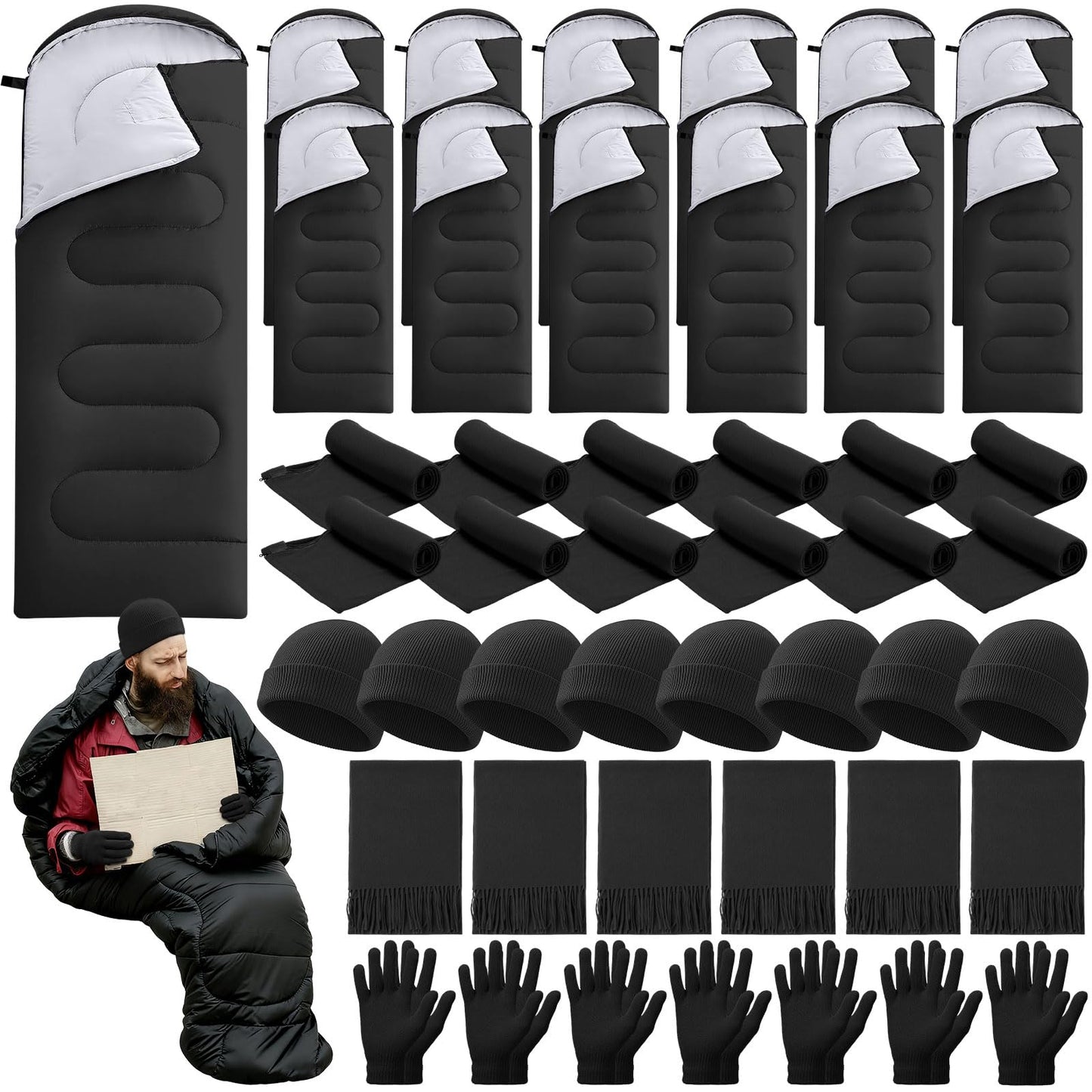 SmoothNovelty 80 Pcs Homeless Care Package Sleeping Bags Adult Bulk with Winter Beanies Hat Gloves Scarf Cotton Liner Waterproof Sleeping Bag for Camping Outdoor Church Donation Emergency(Black)