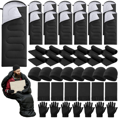 SmoothNovelty 80 Pcs Homeless Care Package Sleeping Bags Adult Bulk with Winter Beanies Hat Gloves Scarf Cotton Liner Waterproof Sleeping Bag for Camping Outdoor Church Donation Emergency(Black)