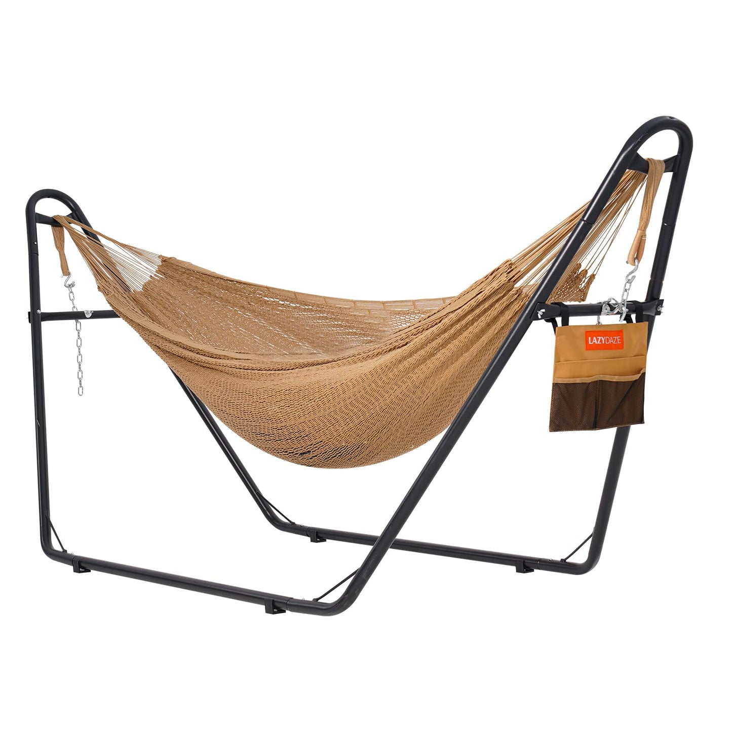 Lazy Daze Hammocks Handwoven Mayan Hammock with Heavy Duty Steel Stand, 10.5 FT Soft Rope Double Hammock for Patio Outside, 550 lbs Weight Capacity, Tan