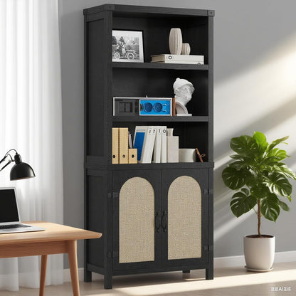 GarveeHome Bookshelf and Bookcase with Doors, 5 Tier Double Wide Large Bookshelves, Open Display Shelves, 70'' Tall Bookshelf with Storage Cabinets for Home Office, Living Room, Library, Black