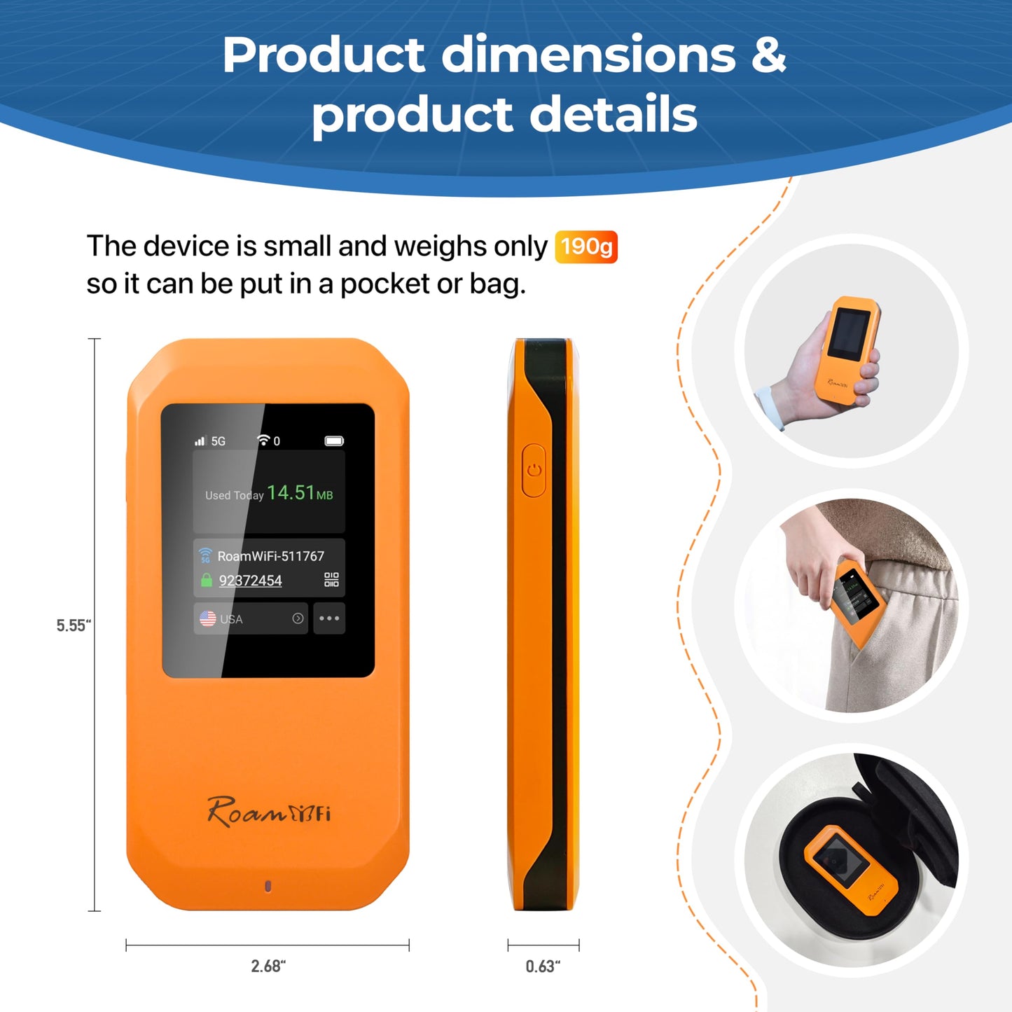 RoamWiFi 5G Mobile Hotspot WiFi6-4nm Chip | 10GB US/CA/MX + 1GB Global Internet Data (170+ Countries) | High-Speed for 16 Devices | 5000mAh Battery, 20H Standby, USB3.1, No SIM Needed Travel Wi-Fi