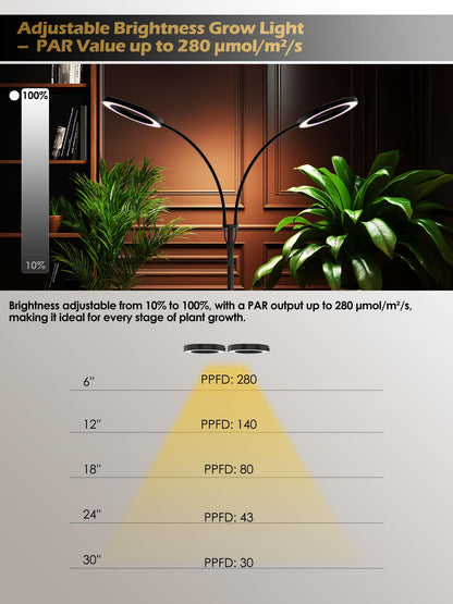 GLOWRIUM Grow Lights for Indoor Plants, Full Spectrum LED Grow Light, Stepless Dimming,3 Lighting Mode and Adjustable Height, Plant Light with 3/9/12/16H Timer (Black, 48W)