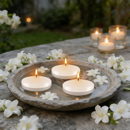 24Pack 3 Inch Unscented White Floating Candles,Long Lasting Burning-Ideal for Home Decor, Weddings, Parties, Pools, Cylindrical Vases, Restaurant and Holidays