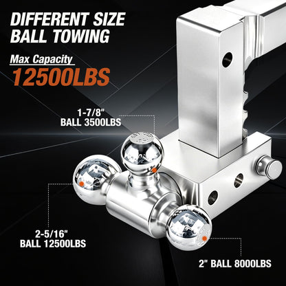 Adjustable Trailer Hitch Fits 2 Inch Receiver 12,500Lbs for Heavy Duty Truck RV with Tri-Ball (1-7/8", 2", 2-5/16") Stainless Steel 6-Inch Drop/Rise Aluminum Towing Ball Mounts (Silver)