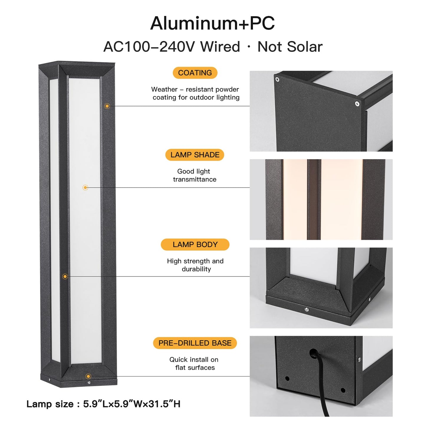 MVBT Outdoor Pathway Lights, 31.5" Wired Bollard Lights, IP65 Waterproof Landscape Path Lighting, 3000K Mordern LED Bollard Light, Curb Appeal Light for Driveway Courtyard Garden Walkway Sidewalk Lawn