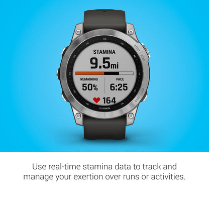 Garmin Fenix 7, Adventure smartwatch, Rugged Outdoor Watch with GPS, Touchscreen, Health and Wellness Features, Silver with Graphite Band - 010-02540-00