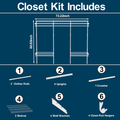 MODCART 6-10FT Closet Shelving System, Adjustable Metal Wire Shelf, Wall-mounted Closets Kit with Expandable Hanging Rod, DIY Organization Rack for Walk-in/Built-in Wardrobe of Bedroom, Laundry