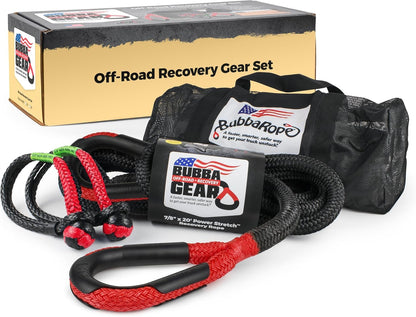 Bubba Rope Off-Road Truck Recovery Gear Set – Heavy-Duty Vehicle Tow Kit: Power Stretch Recovery Rope, 7/8” x 30’ - NexGen PRO Gator-Jaw Synthetic Shackles, 3/8” x 6.5” - Red