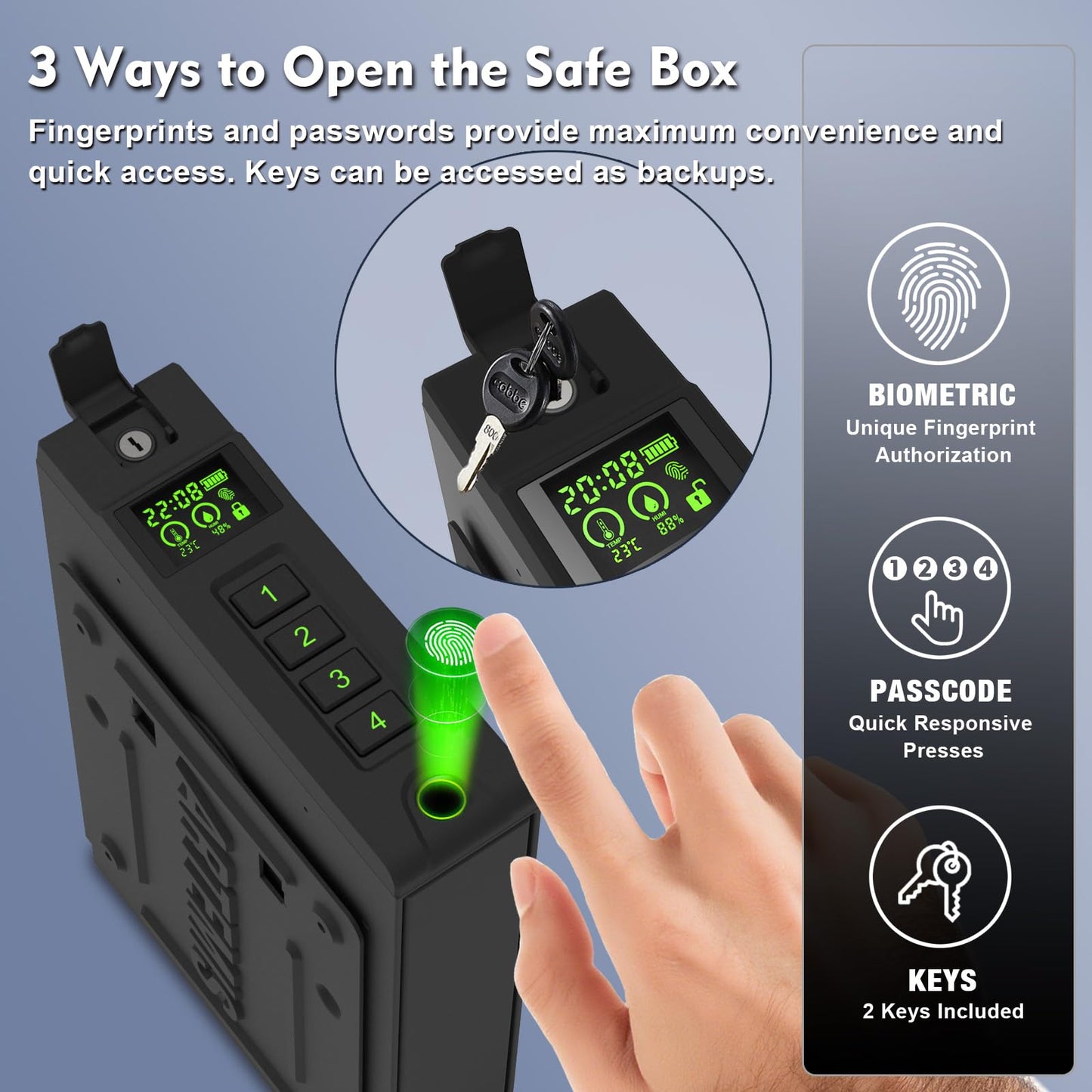 Biometric Slider Handgun Gun Safe for Home Nightstand,Cloakroom, Desk,Bed Side,Truck, Artemis Auto Sliding Door Hand Gun Safe for Pistol Unlock Fingerprint，Digital PIN，Key Access