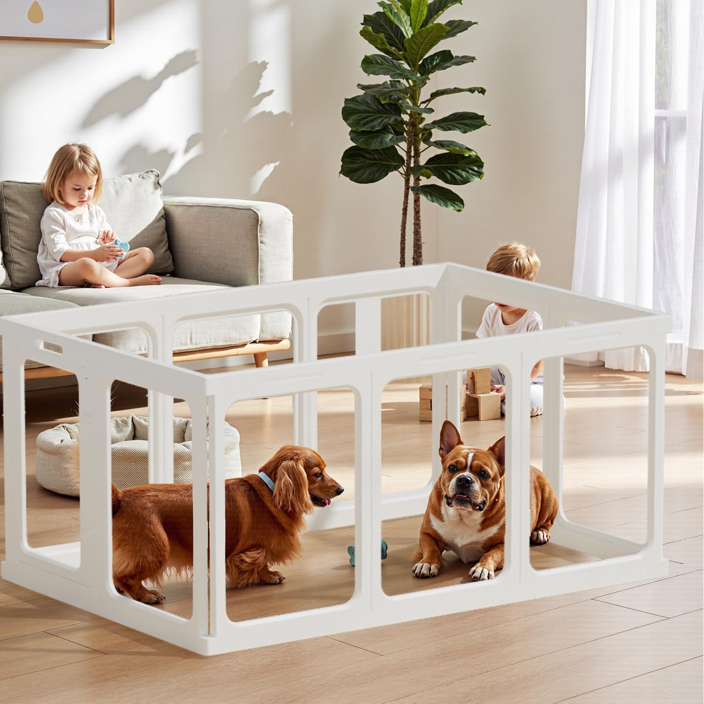 Clear Acrylic Dog Playpen - 50 x 50 Inch, 24" H 12 Planes Transparent Dog Fence Indoor, Sturdy Pet Pen for Puppy/Small Dog/Rabbit/Pig, Easy Assemble & Cleaning Plastic Whelping Box Enclosure, White