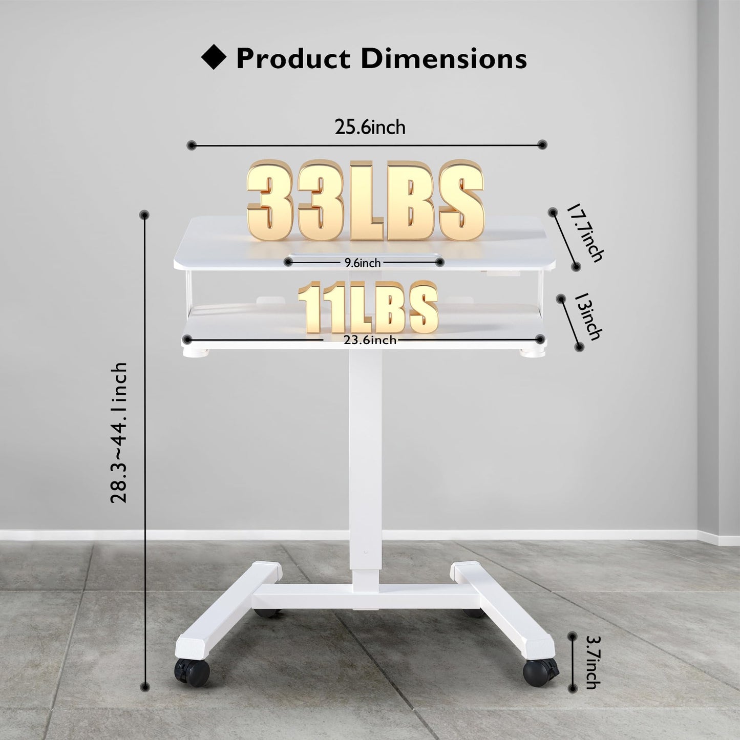 BONTEC Mobile Standing Desk with Keyboard Tray, Mobile Podium, Rolling Laptop Sit Stand Desk on Wheels, Adjustable Height Up to 33lbs, Portable Computer Workstation Cart for Living Room, Office, White