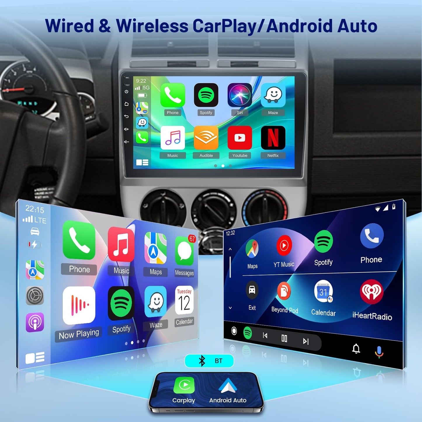 4G+64G Volxcereo Car Radio for Jeep Compass Patriot 2007 2008 2009, 10.1 inch Android Touchscreen Compass Stereo with Carplay/Android Auto, GPS Navigation, WiFi, Bluetooth, SWC, FM/RDS