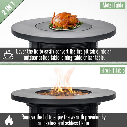 GDFStudio 30" Round Propane Fire Pit Table, 50000 BTU Outdoor Gas Heater with Steel Top & Wicker Base, for Patio, Deck, Garden, Black