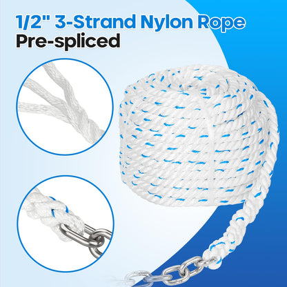 FUCNEN Windlass Anchor Rode, 1/2" Anchor Rope/line 100ft with 1/4" Anchor Chain 10ft and Swivel Connector, G4 316 Stainless Steel Short-Link Marine Chain with 3-Strand Nylon Rope