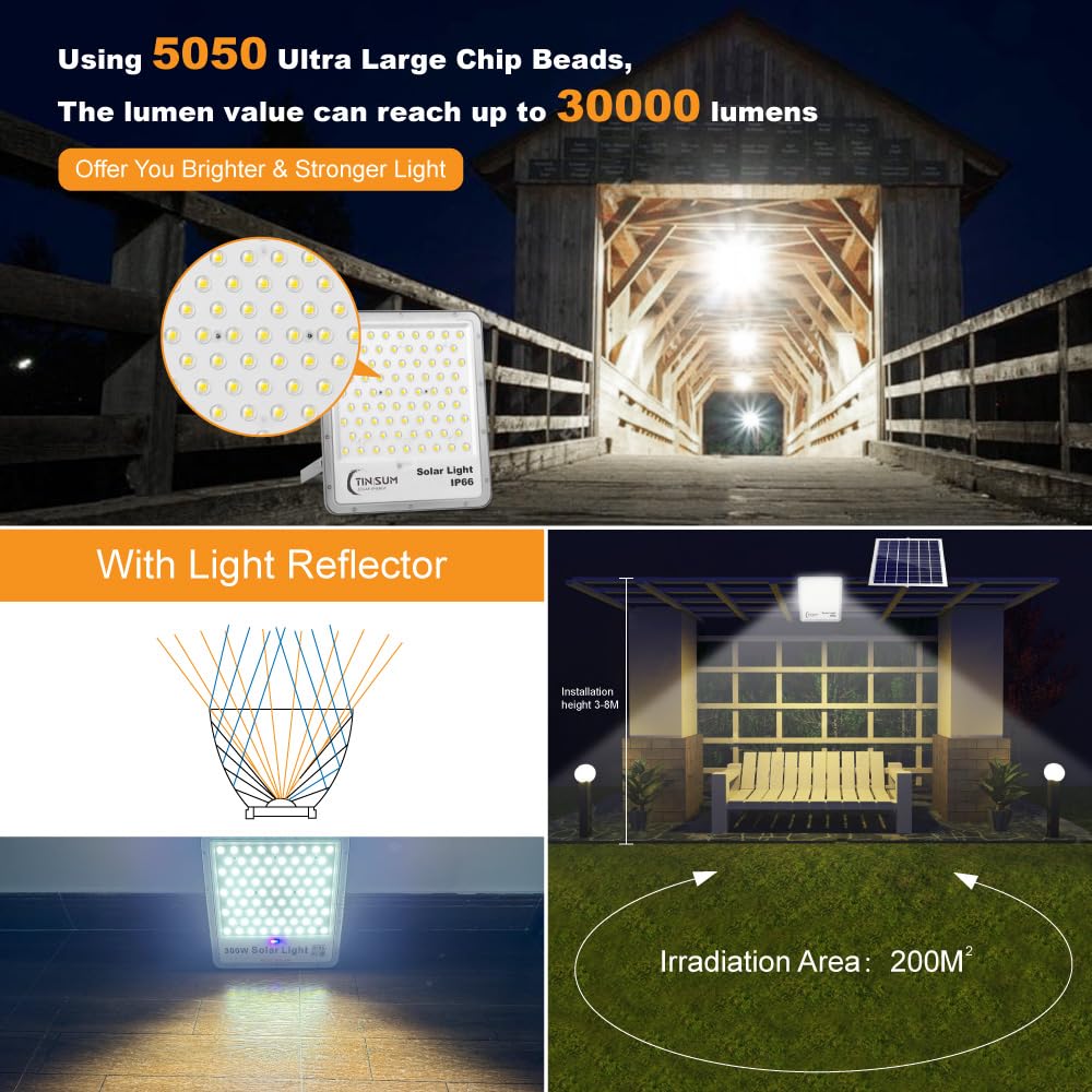 TINSUM Solar Flood Lights Outdoor, 2 Pack 600w Solar Street Light IP67 Waterproof 32000LM White LED Dusk to Dawn Security Commercial Lighting for Parking Lot,Stadium,Patio,Barn,Garage,Pathway