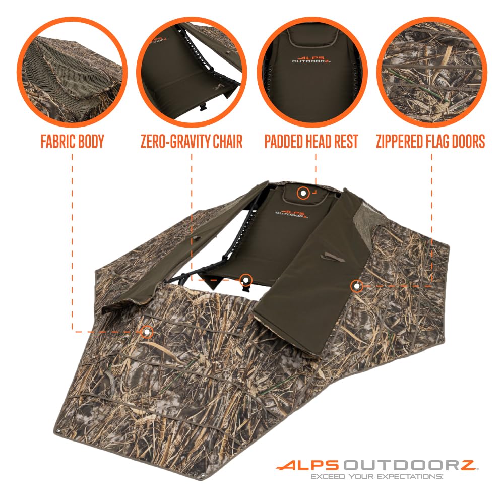 ALPS OutdoorZ Zero-Gravity Layout Blind - Advanced Hunting Blind in Realtree MAX-7, with Flared Fabric, Heavy-Duty Stakes, Padded Seat & Headrest, Gear Pockets, and Backpack Straps