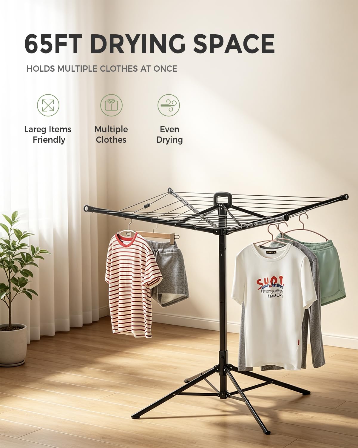 SUPTINWEAR 65FT Umbrella Clothesline, One-Press Foldable Rotary Drying Rack with 4-Leg Stable Base, Indoor Outdoor Clothes Drying Rack with Ground Stakes & 24 Clips