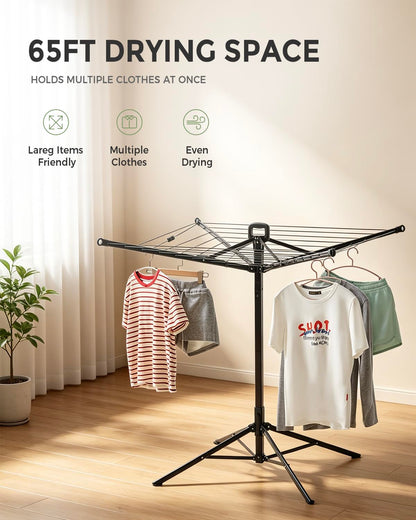 SUPTINWEAR 65FT Umbrella Clothesline, One-Press Foldable Rotary Drying Rack with 4-Leg Stable Base, Indoor Outdoor Clothes Drying Rack with Ground Stakes & 24 Clips