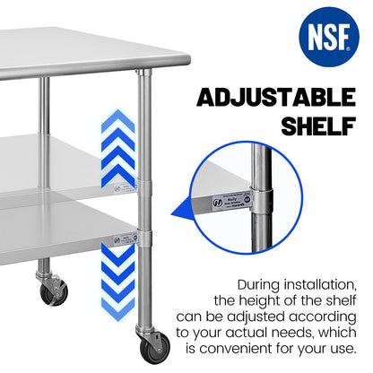 Hally Stainless Steel Table for Prep & Work 24 x 36 Inches with Caster Wheels, NSF Commercial Heavy Duty Table with Undershelf and Galvanized Legs for Restaurant, Home and Hotel