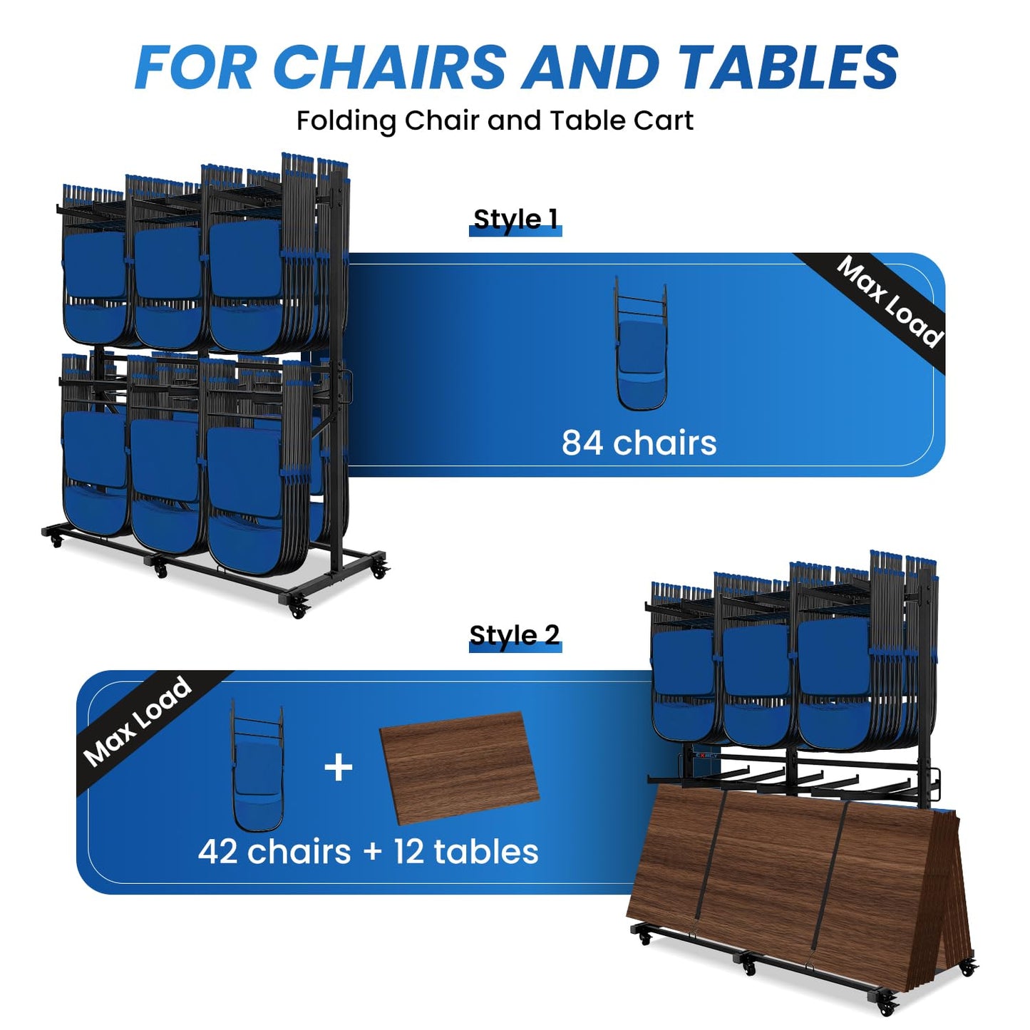CXRCY Folding Chair Rack, Heavy-Duty Two Tier Folding Chairs Cart with 6 Tank Wheels, 800LBS Capacity for 84 Chairs or 12 Tables, 2 Elastic Band, Dust Cover