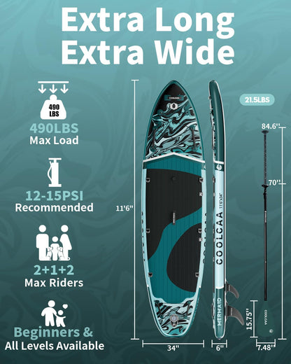 COOLCAA Mermaid 11'6" x 34" Extra Wide Inflatable Paddle Board, 490lbs Capacity Stable SUP for Family, Beginners & Dogs, Heavy Duty Fishing Paddle Board with Premium Accessories, Backpack & Pump