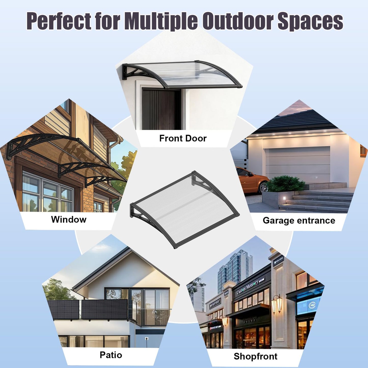 40x60 Inch Window Door Awning Exterior,Polycarbonate Outdoor Overhang Canopy Shelter,UPF 50+ UV Rain Snow Sun Protection,Spliced Overdoor Awnings for Outside,Porch,Patio,Deck,House Entrance
