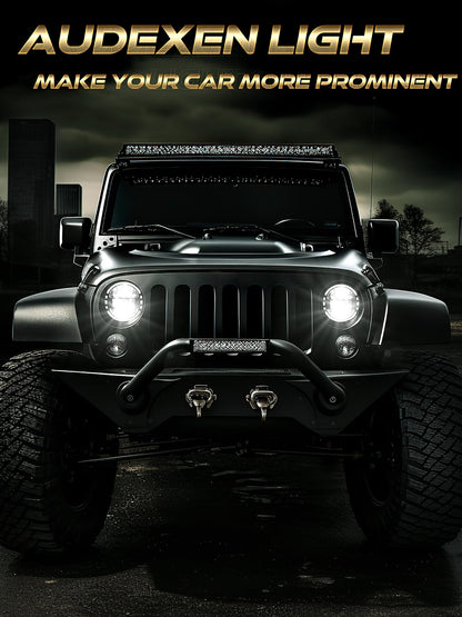 AUDEXEN 7 Inch LED Headlights for Jeep Wrangler JK JKU TJ LJ 1997–2018, 1200% Brighter Round Halo Headlamp, Hi/Lo Beam, Plug & Play Replacement for H6024, DOT Approved, Black