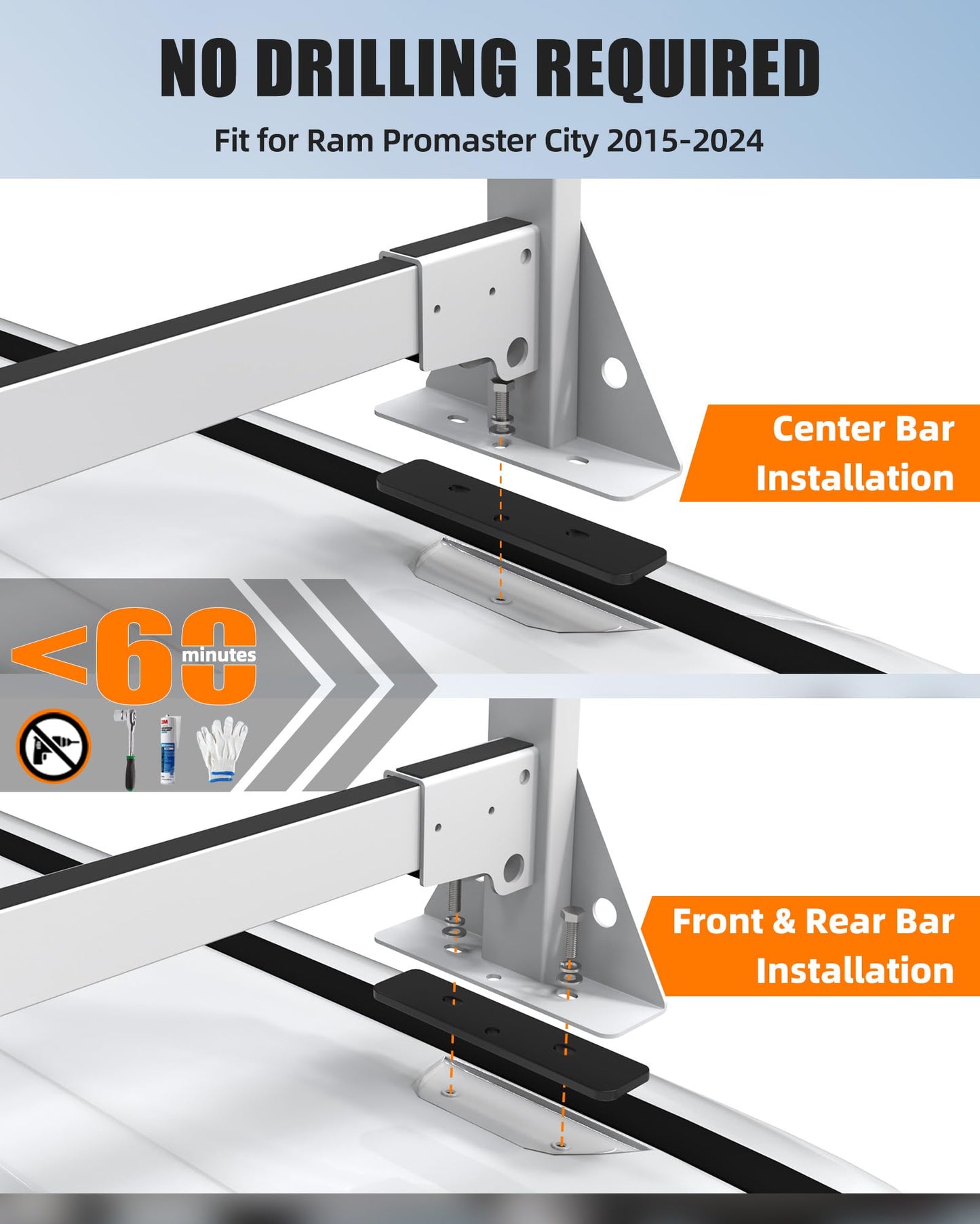 MELIPRON Cargo Van Roof Ladder Rack Fit for 2015-2024 RAM ProMaster City, Heavy‑Duty 800  lbs Capacity Steel Ladder Rack for Van, No‑Drill Rack with White Powder Coat