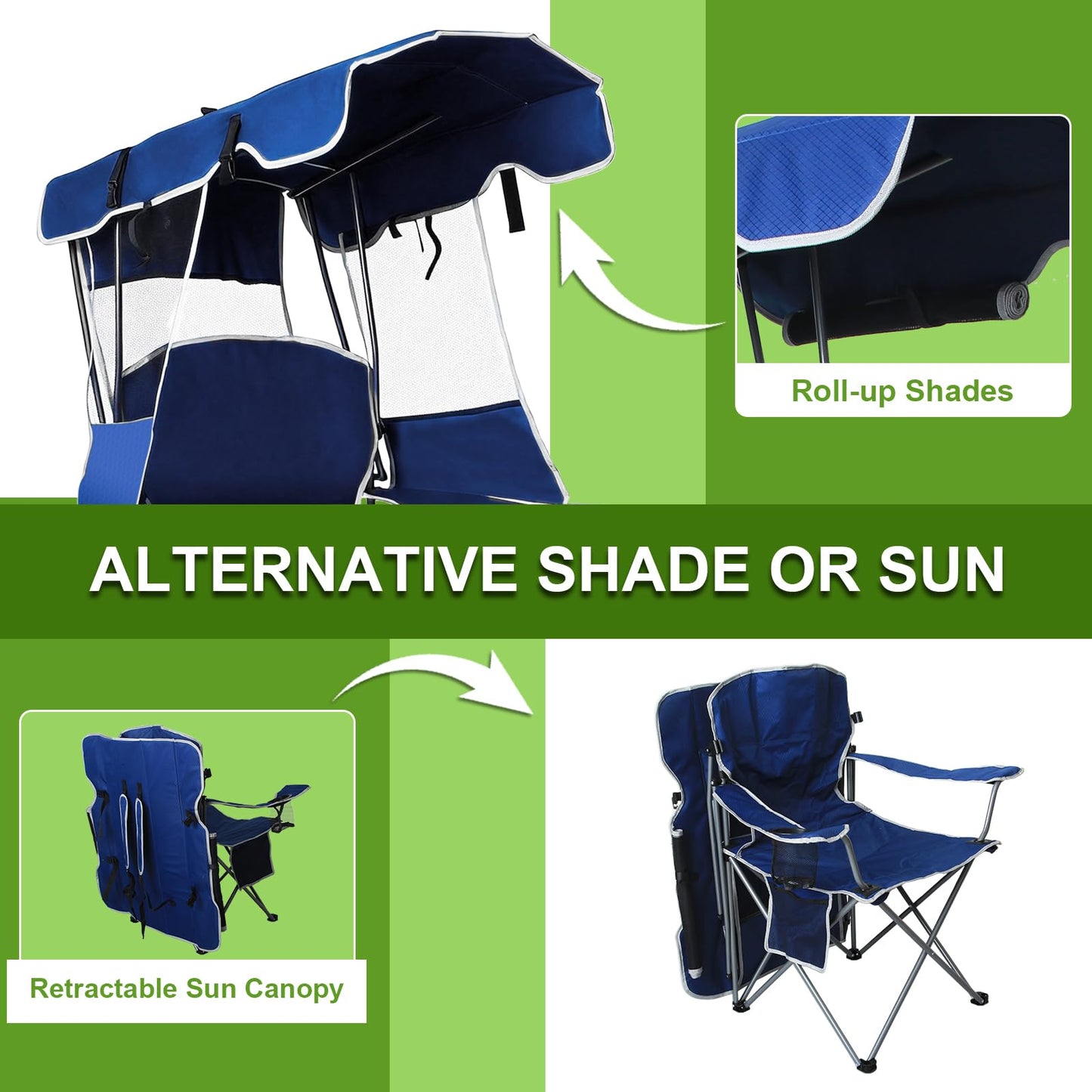 Romswi Folding Canopy Beach Camping Chairs for Adult 2 Pack, Portable Outdoor Chairs with Sunshade,Cup Holder & Side Pocket for Camping, Fishing, Beach, Backyard, Navy